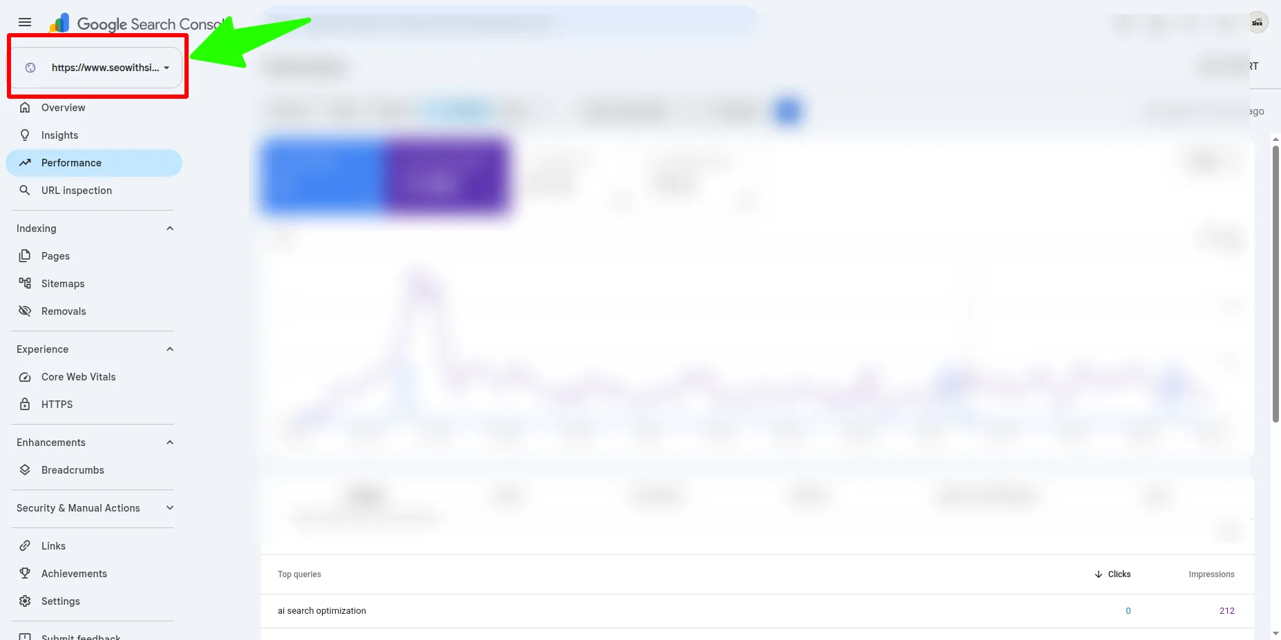 Google Search Console property selector dropdown