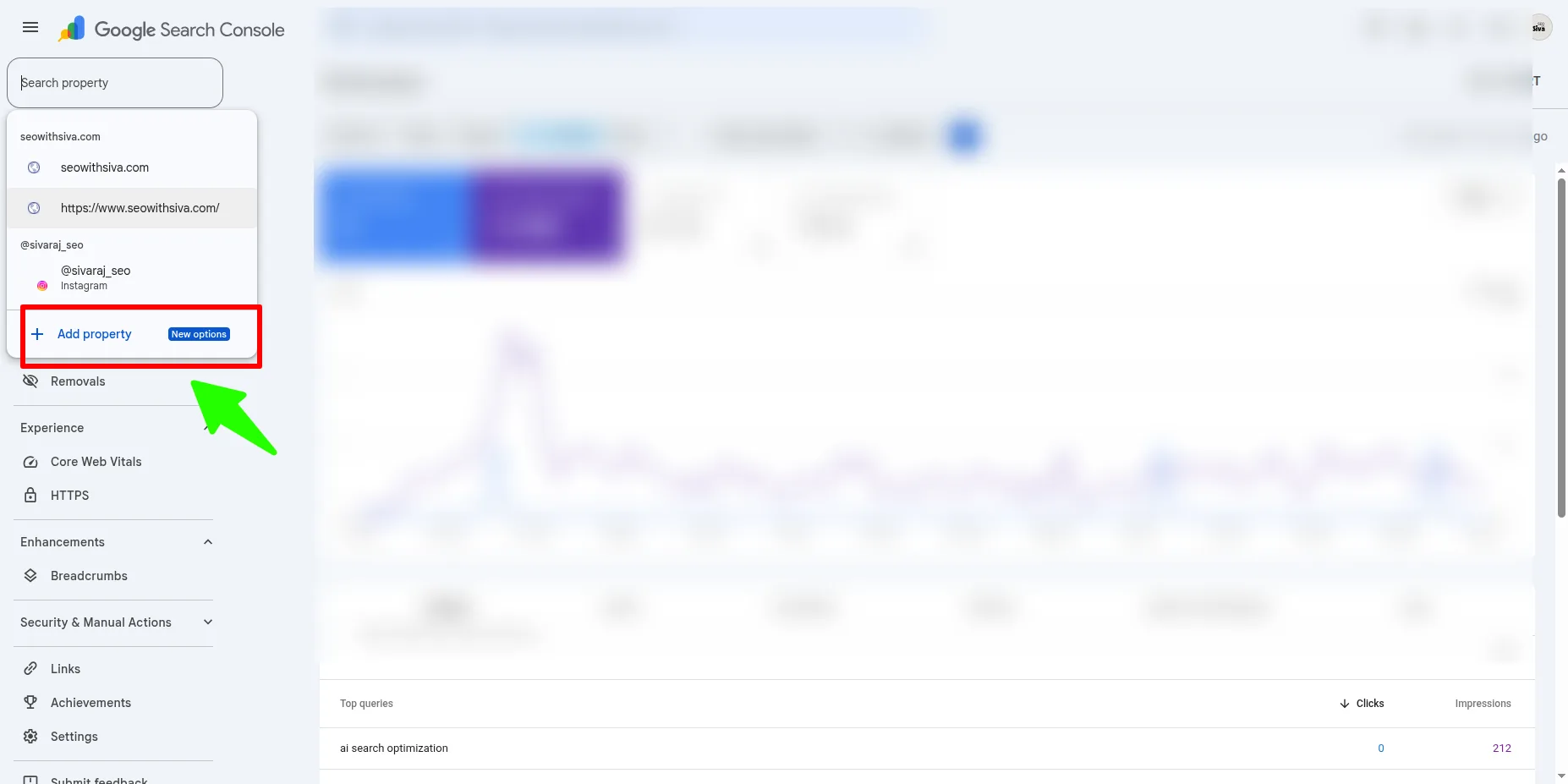 Add property option in the Google Search Console property switcher