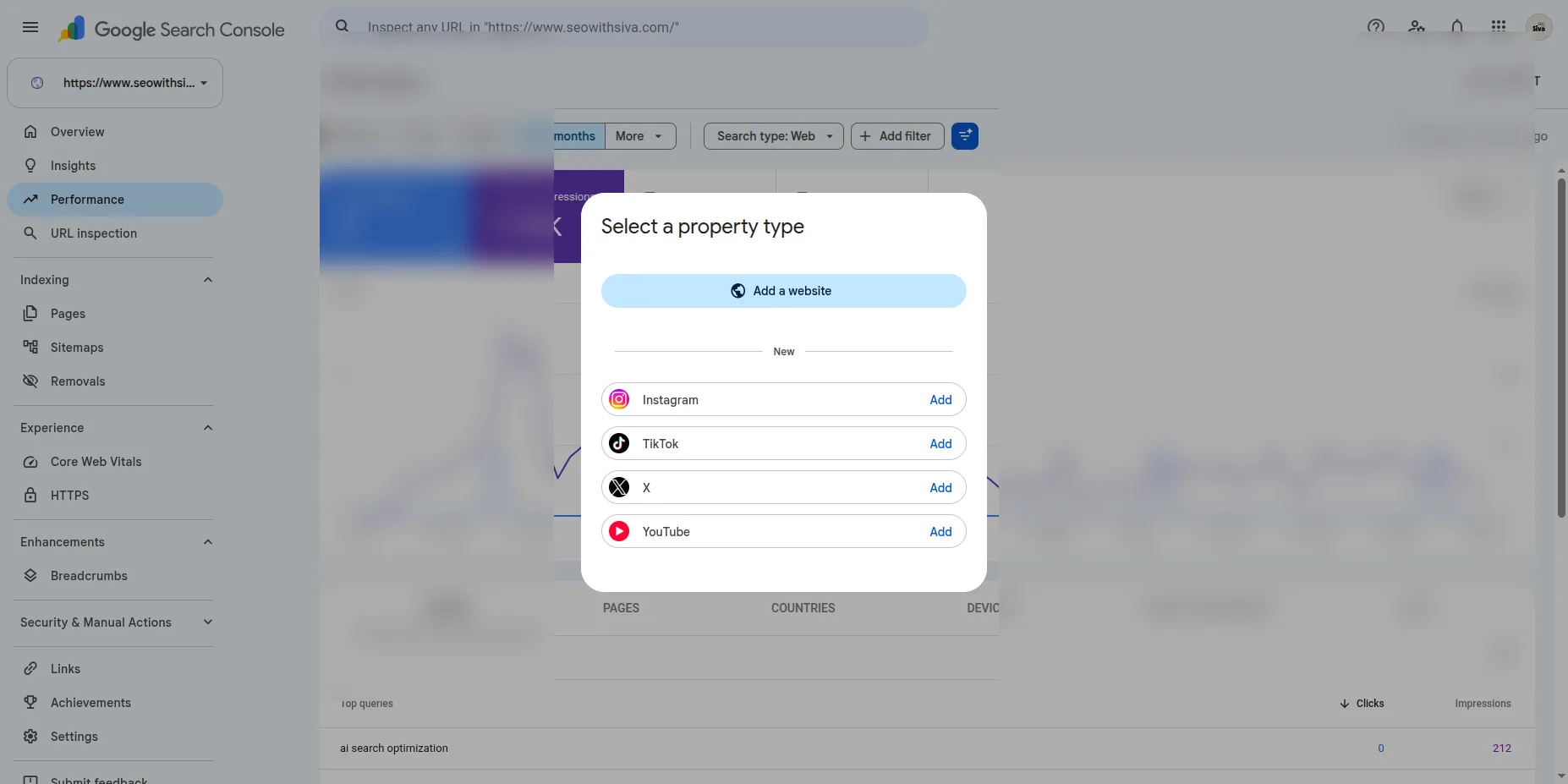 Select a property type dialog showing Instagram, TikTok, X, and YouTube