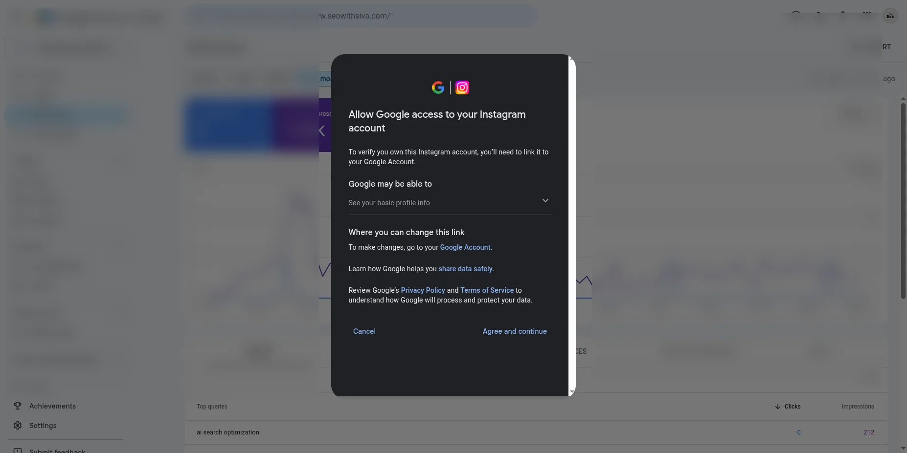 Google consent screen for linking an Instagram account